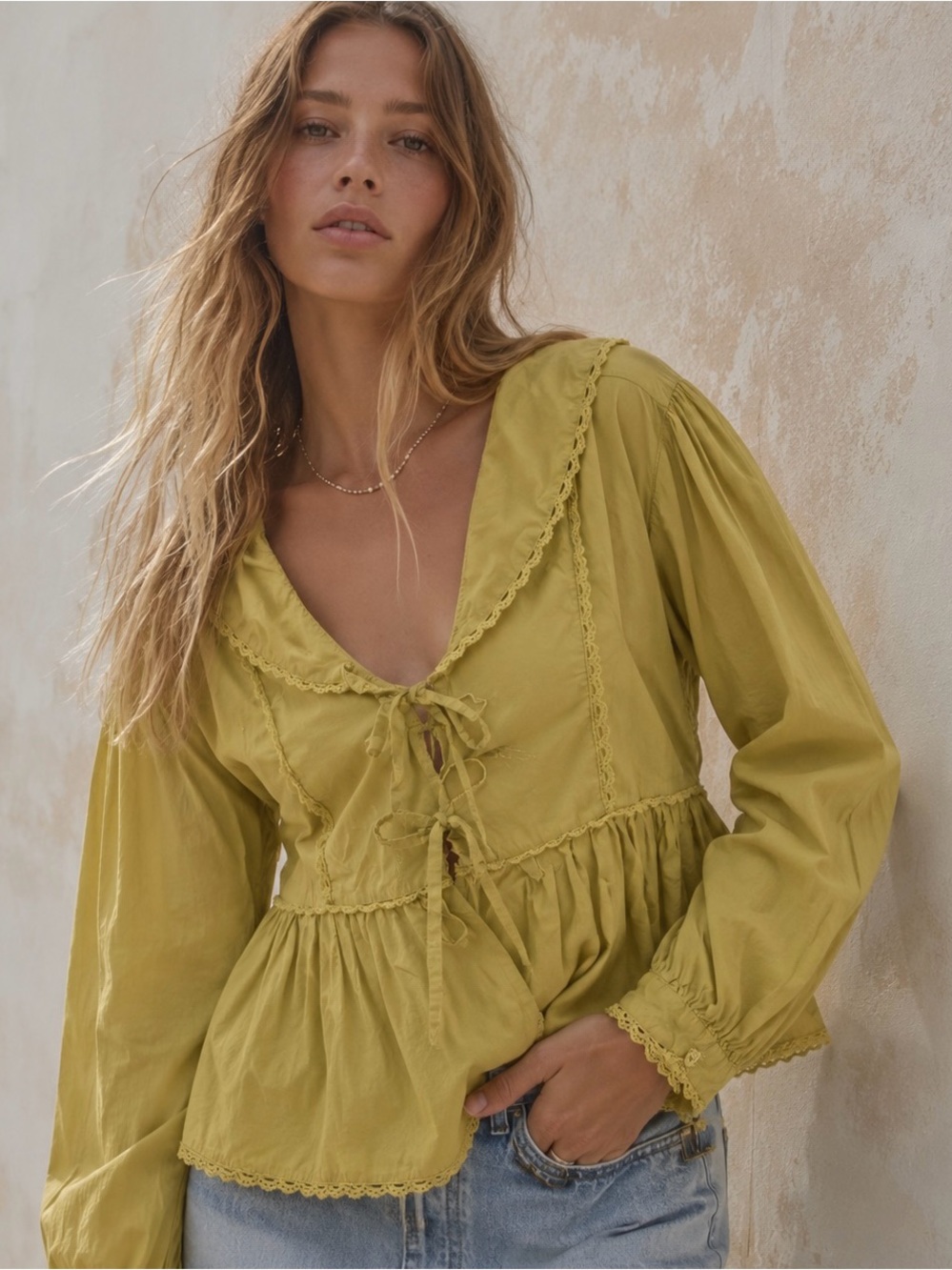 Anthropologie Chartreuse Peplum Tie-Front Blouse